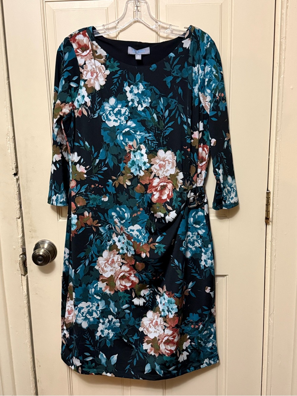 EUC floral dress B Slim by Collections black blue pink side detail fully lined